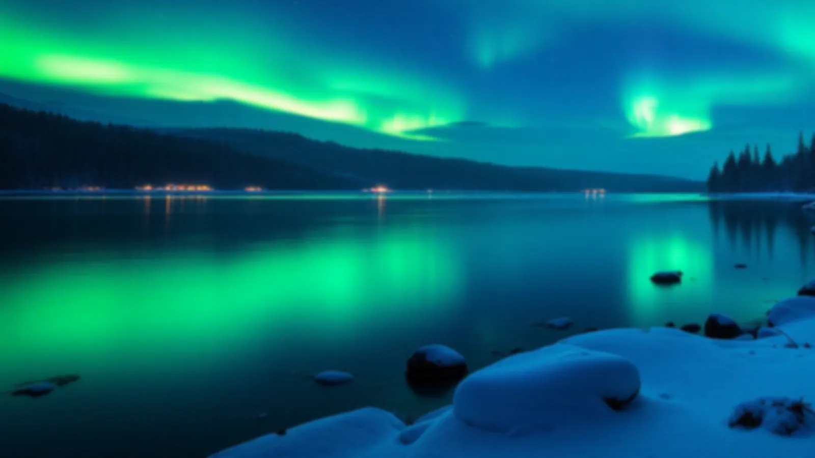 Northern lights over a snowy lake and dark pines at night